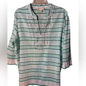 Women’s striped and beaded Tunic Top All Cotton Sz XL Turquoise and White stripe